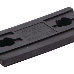 A black rubber ramp piece labeled Justrite Chock 3512 Rpad, features grooves and keyhole cutouts, with embossed text and a phone number, set against a clean white background.