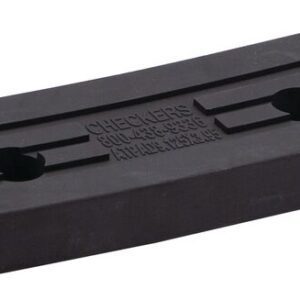The Justrite Chock,At,Acc,3514,Rpad is a black rubber parking curb with two holes and engraved text on top. Its rectangular shape, beveled edges, and grooved design provide reliable vehicle security.
