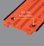 Close-up of an orange plastic object featuring anti-slip rubber pads for stability, similar to the Justrite Cp,Acc,Rpad Kit,.75,18Pk. It boasts grooves and a .75 precision design against a solid gray background.