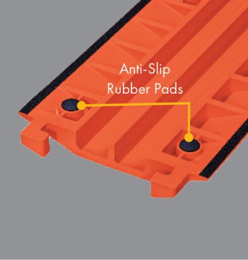 Close-up of an orange plastic object featuring anti-slip rubber pads for stability, similar to the Justrite Cp,Acc,Rpad Kit,.75,18Pk. It boasts grooves and a .75 precision design against a solid gray background.