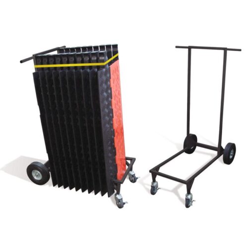 A set of black stackable Justrite CP barriers with red accents and a grid pattern are folded beside an empty Trans Cart. These wheeled barricades add functionality and style to any setting.