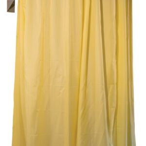 A yellow emergency shower with a partially open circular Modcurtain, wall-mounted and embodying Justrite Ssaccys commitment to safety and innovation, is complemented by a ceiling-suspended rail. Above it, a green safety sign displays symbols for eyewash and shower stations.