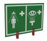 The Justrite H,Ssaccy,Htd Eywsh&Shr Sgn&Brk features a green safety sign with a human figure under running water for showers and an eye symbol with water droplets for emergency eyewash stations. Both symbols include a white cross to denote first aid or emergency assistance.