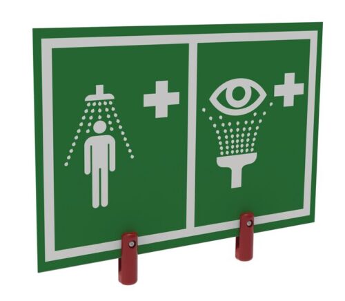 The Justrite H,Ssaccy,Htd Eywsh&Shr Sgn&Brk features a green safety sign with a human figure under running water for showers and an eye symbol with water droplets for emergency eyewash stations. Both symbols include a white cross to denote first aid or emergency assistance.