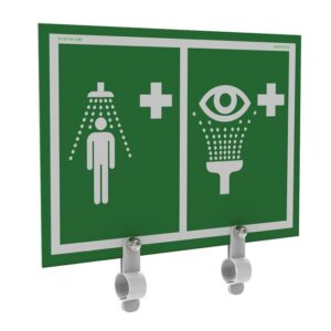 The Justrite H safety sign features white shower and person icons on the left and an eye with a fountain on the right, indicating emergency stations. It’s finished in green, includes two Ssaccy hooks below, and showcases the Eywsh&Shwr Sign&Brckt.