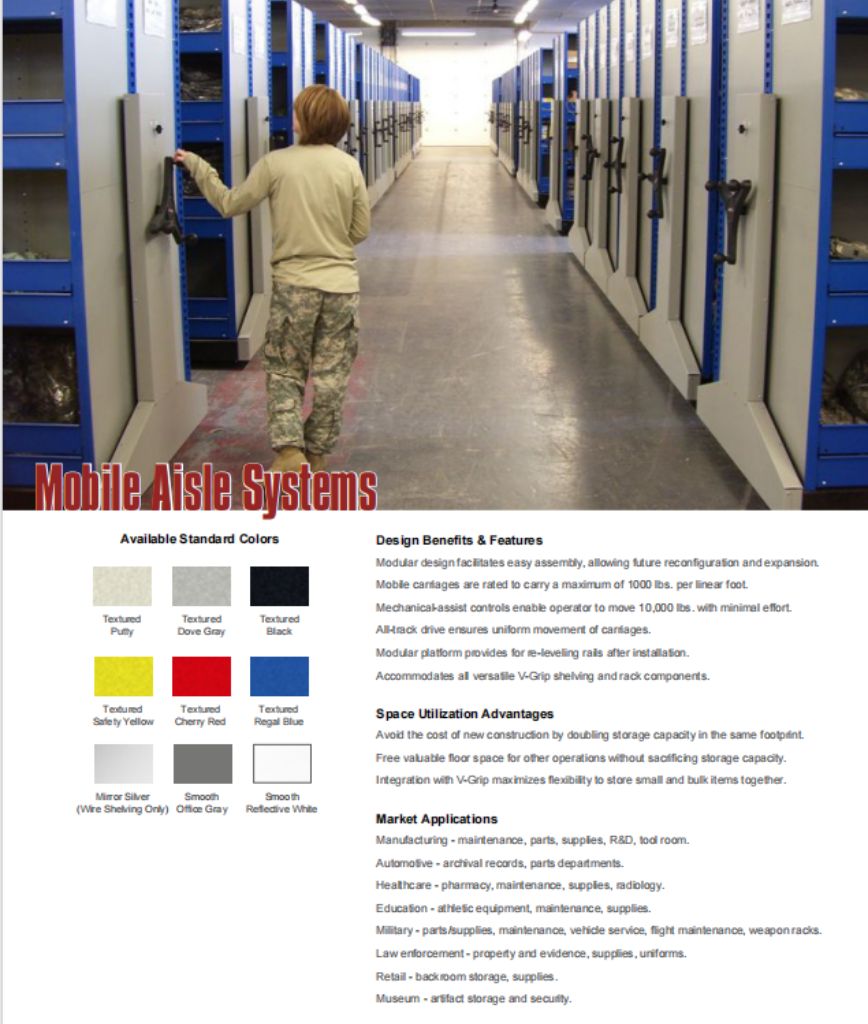 A person operates a mobile shelving unit in a warehouse. The image, complemented by brochures, promotes Mobile Aisle Systems, highlighting space utilization, modular design, and safety. Available colors and market applications are also listed.