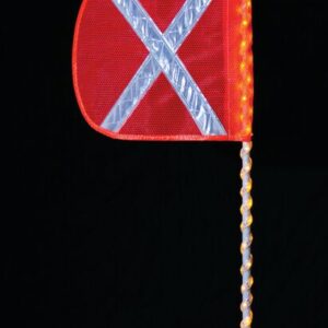 The Justrite Whip,Ap,Led,A,5,Of,Wx,Af boasts a red safety flag with silver reflective X stripes on a black pole decorated with LED lights and topped by a glowing yellow bulb for outstanding illumination.