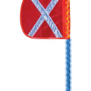 The Justrite Whip,Ap,Led,B,5,Of,Wx,Af is a red safety flag featuring a reflective silver X and LED lights on a blue flexible pole. The top has a glowing yellow bulb on a green base.