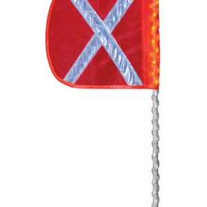 The Justrite Whip,Ap,Led,W,3,Of,Wx,Wf features a reflective silver X on a red background with a sturdy white pole and yellow LED lights for enhanced visibility.