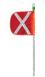 The Justrite Whip, Led, Wht, 8, Of,Wx,W includes a red safety flag with a white reflective X on an 8 pole featuring built-in LED lights and a green cap.