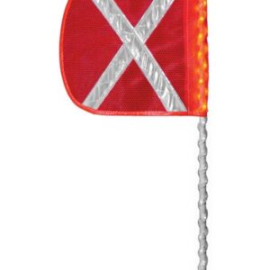 The Justrite Whip,Ap,Led,W,8,Of,Wx,Wf features a red safety flag with a silver reflective X on a white segmented pole. It includes small yellow LED lights along the right edge and a green cap for enhanced visibility and safety.