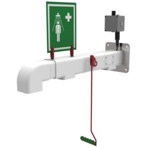 The Justrite H Wall-Mounted Emergency Shower includes a green sign with a figure under water sprays, medical cross, red pull lever, and attached control box for 1H access. It is affixed to a white pipe.
