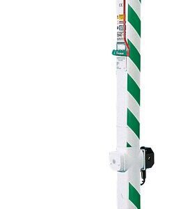 The Justrite H (model: Shower, Fp, Flr Mnt, Glv, 1H) features a striped green and white pole with an overhead showerhead and a red pull lever. It includes an emergency sign at the top for easy floor-mounted access in critical situations.