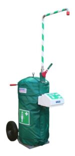 The Justrite H Portable emergency safety shower, with a 30Gal capacity, has a green cover and wheeled base, striped safety poles, red activation handle, and white control box for rapid accessibility in hazardous settings.