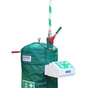 The Justrite H Portable emergency safety shower, with a 30Gal capacity, has a green cover and wheeled base, striped safety poles, red activation handle, and white control box for rapid accessibility in hazardous settings.