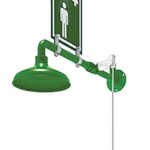 The Justrite H Lab Emergency Safety Shower, featuring a stainless steel wall mount, comes with a pull lever and Wall Mnt sign showing a person under a showerhead to indicate its use for urgent washdowns.