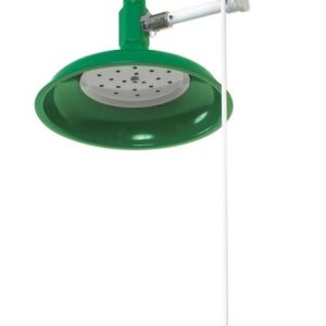 The Justrite H emergency shower head includes a Shower pull handle, ideal for labs. It has a circular sprinkler head, white activation rod, and is ceiling-mounted with visible plumbing connections.
