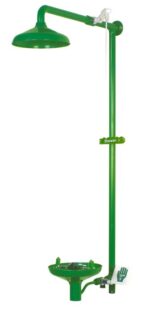 The Justrite H Cmbshr Lab Wlmt Opn Ssbwl Ss green safety shower and eyewash station features a circular showerhead, an eyewash basin, and comes with a pull handle and foot pedal for emergencies in industrial or lab settings.