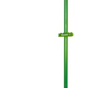 The Justrite H Cmbshr Lab Wlmt Opn Ssbwl Ss green safety shower and eyewash station features a circular showerhead, an eyewash basin, and comes with a pull handle and foot pedal for emergencies in industrial or lab settings.