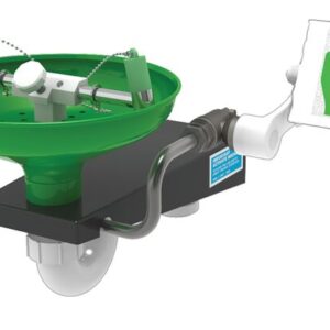 Image of a Justrite H safety eyewash station featuring dual spray nozzles mounted on a black base, with an emergency use sign showing an eye and hand pictogram.