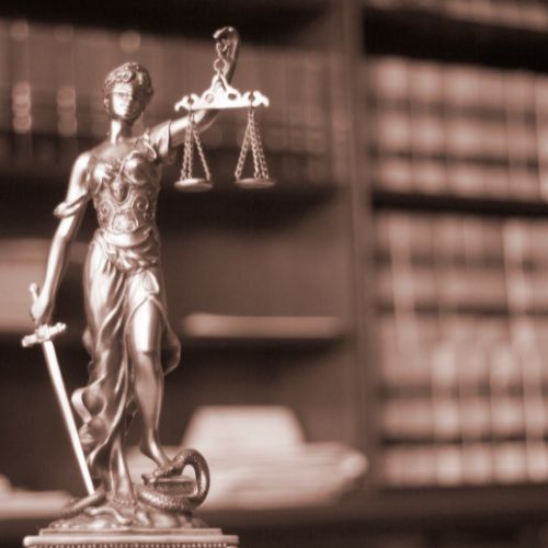 Bronze statue of Lady Justice holding balanced scales and a sword, standing on a base with a snake. In the blurred background, electric mobile shelving lines the walls, enhancing the legal or courtroom setting with an efficient organization of law books.