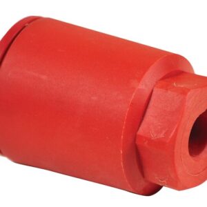 A bright red, cylindrical plastic cap with a hexagonal extension on one end and a hollow interior, designed for industrial use as a protective cover or connector for the Justrite Ssaccy Shower Nozzle.