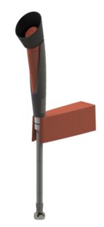 3D rendering of the Justrite H,Efwsh,Dh,Handhld,Wm,1 Nozzle in sleek black and brown, featuring a conical top and threaded rod on a rectangular block. Ideal for precision stabilization, this tool ensures reliability in every task.