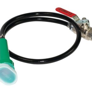 The Justrite Ssaccy, Dh, Handheld connects to a metal valve with a red LOCK handle. Its other end attaches to a green 1 nozzle with a transparent HUGAS cap, seamlessly fitting into this gas or fluid system.