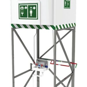 The Justrite H,Tnkshw,317G,Ss,Qukshp,110V industrial safety shower with eye wash station on a metal stand displays a large tank with green and white stripes. Safety icons indicate eye wash and shower functions for quick emergency access.