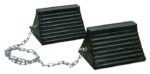 The Justrite Chock, Rc, 10, Pyr, Ch Pr, Blk consists of two black 10 wheel chocks with ridged surfaces linked by a metal chain, effectively preventing vehicle movement when placed against wheels.