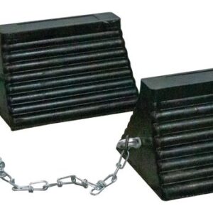 The Justrite Chock, Rc, 10, Pyr, Ch Pr, Blk consists of two black 10 wheel chocks with ridged surfaces linked by a metal chain, effectively preventing vehicle movement when placed against wheels.