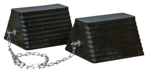The Justrite Chock (model Rc, 11.5, Pyr, Ch Pr, Blk) consists of two black rubber wheel chocks linked by a metal chain. With a ridged texture and angled design, they securely hold vehicle wheels in place to prevent movement.