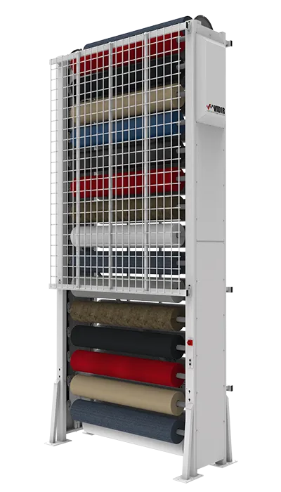 A vertical storage carousel showcasing an array of fabric rolls in different colors and textures. The white-framed rack with a protective grid embodies efficient fabric handling equipment, ensuring both safety and style.