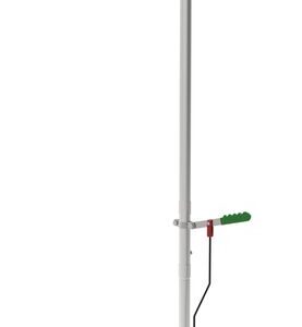 The Justrite H,Shower,Sd,Flr Mnt, Ss is an emergency eyewash station with a tall metal stand, hand lever, and shower nozzle. A green sign featuring a figure and plus symbol ensures quick access during emergencies.