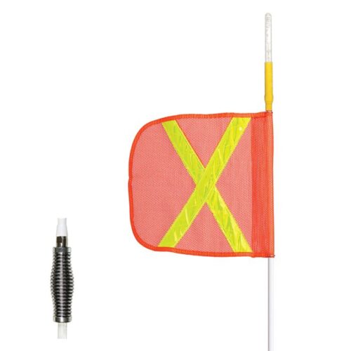 The Justrite Whip,Sw,10,Lit,F12,Of,Yx,A features a bright orange safety flag with a yellow X design on a white pole. Highlighted against the plain background, a black and white coil encircles the pole, making this an essential beacon of safety.