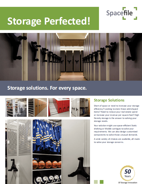 Discover Spacefiles storage solutions, expertly designed for efficient material handling. The lead image reveals a sleek, organized space with black hooks, while additional photos showcase shelves filled with sports gear. Highlighting 50 years of innovation and unmatched space-saving options.