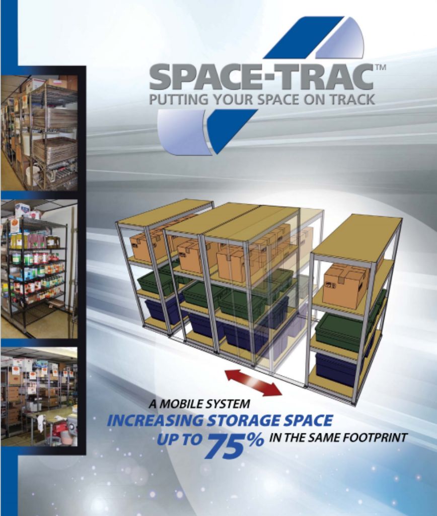Advertisement for Space-Trac, showcasing mobile shelving units. Features images of shelves filled with boxes and shipping supplies, with a graphic illustrating increased storage capacity. Tagline reads, Increasing storage space up to 75% in the same footprint.