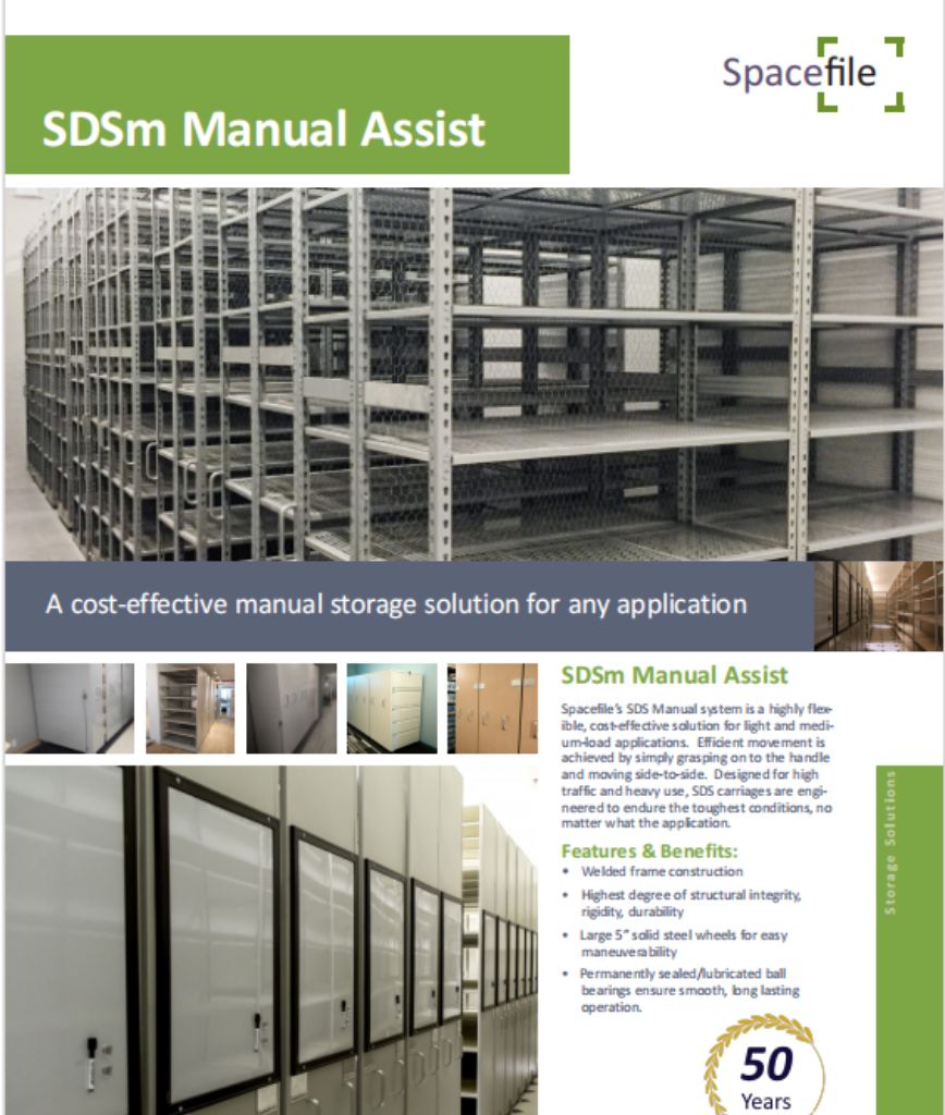 Discover the Spacefile SDSm Manual Assist in our Mobile Shelving Brochure, featuring a versatile shelving system with multiple storage racks. Highlighting unmatched safety and durability, this brochure includes images and detailed benefits of the product for all your shipping supplies needs.