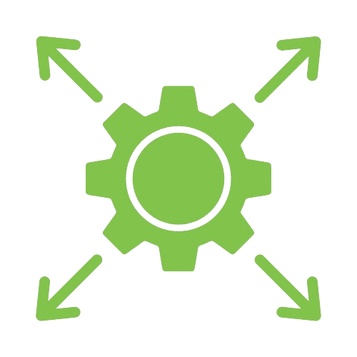 A green gear with four arrows pointing outward in different directions, set against a transparent background, symbolizes Material Handling USAs commitment to safety enhancement.