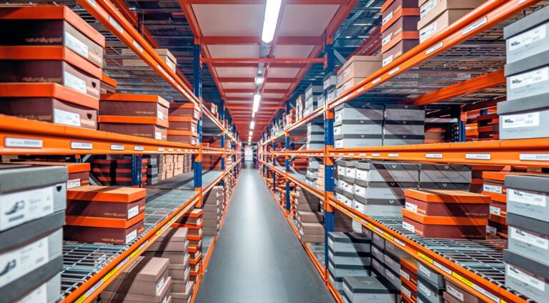 A spacious warehouse aisle flanked by tall orange metal shelves, courtesy of Material Handling USA, is filled with stacks of colorful shoe boxes. Bright overhead lighting illuminates the pathway, creating a symmetrical and organized appearance ideal for cost savings.