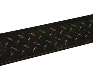 The Justrite Cp,Yj,3Ch,2.25,Ams,Rmp,F,B is a 2.25 rectangular metal ramp with a diamond plate pattern, ideal for vehicles or equipment. Its textured and non-slip design with raised edges ensures stability and safety.
