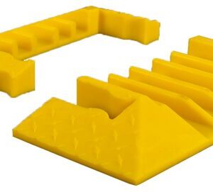 Two yellow wedge-shaped wheel chocks by Justrite with textured patterns for grip are showcased on a white background, one fully visible and the other partially, highlighting their reliable design. Product: Justrite Cp,Yj,5Ch,1.25,Eb,Y.