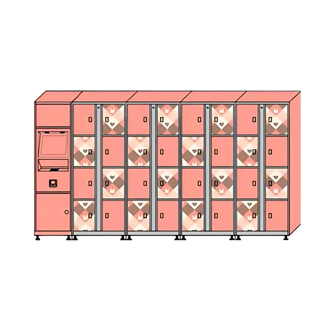 Pink locker with control panel and heart-in-diamond design on doors in a digital illustration.