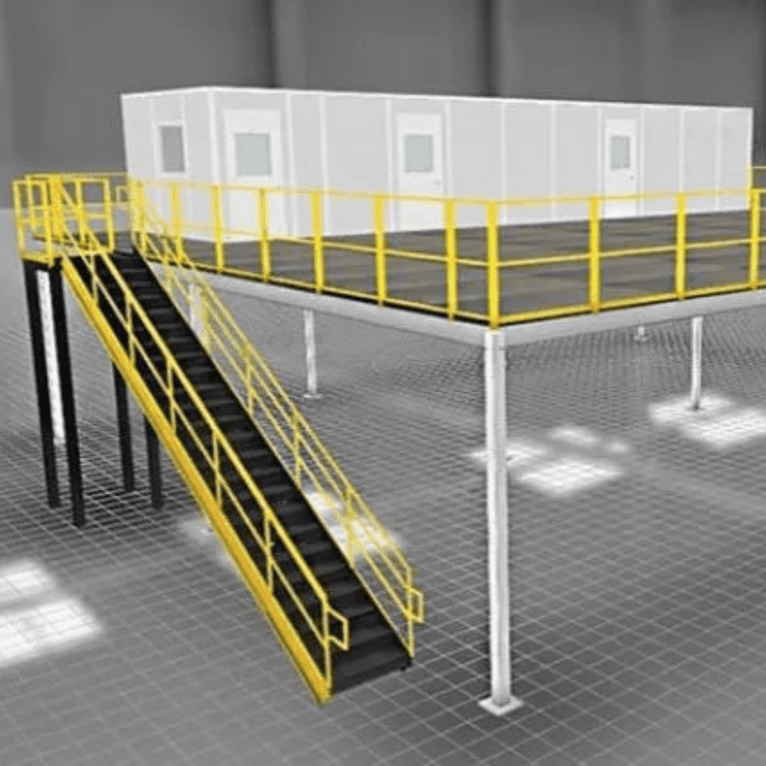 Elevated white modular structure with windows, supported by columns, featuring a surrounding yellow railing. This mezzanine storage system offers a strategic layout with a staircase leading down to the grid-patterned floor in an industrial-like setting, perfect for warehouse optimization for movers.