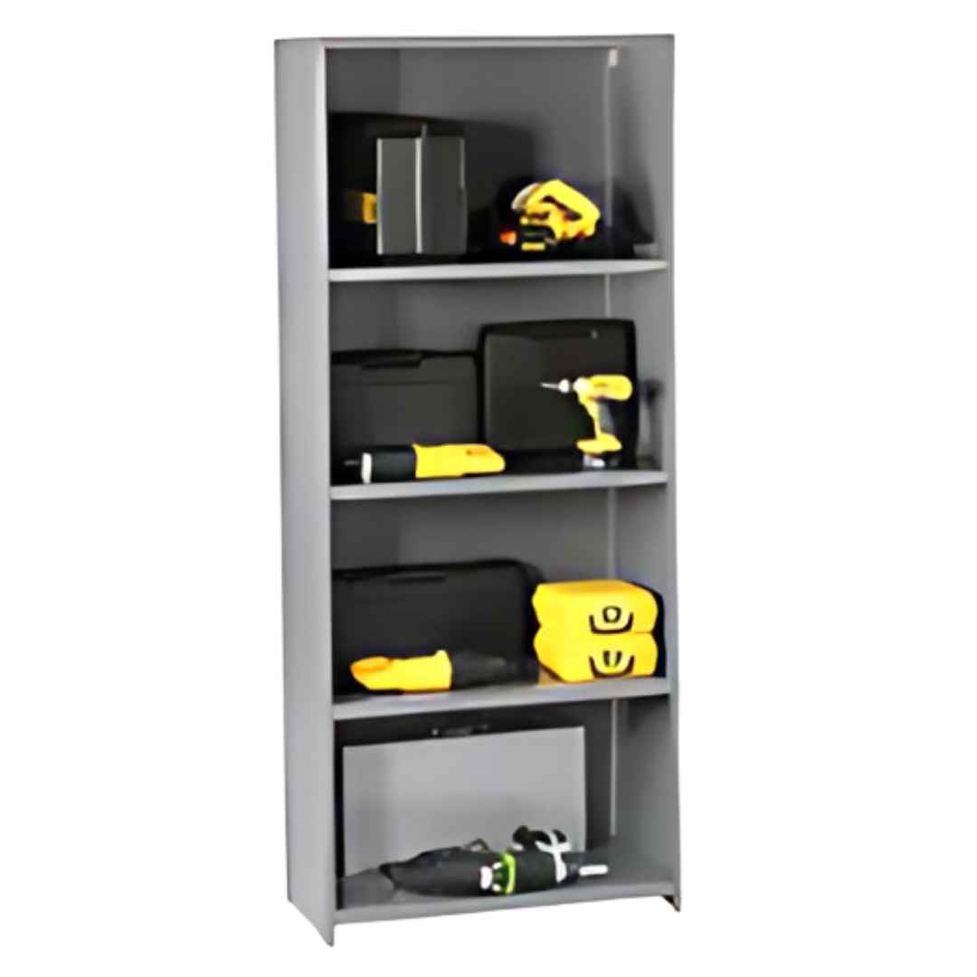 A gray Tennsco Q Line storage cabinet with four shelves houses a variety of power tools, including a drill and protective gear like gloves and goggles. Predominantly yellow and black, the tools are neatly organized alongside cases on the sturdy shelves.
