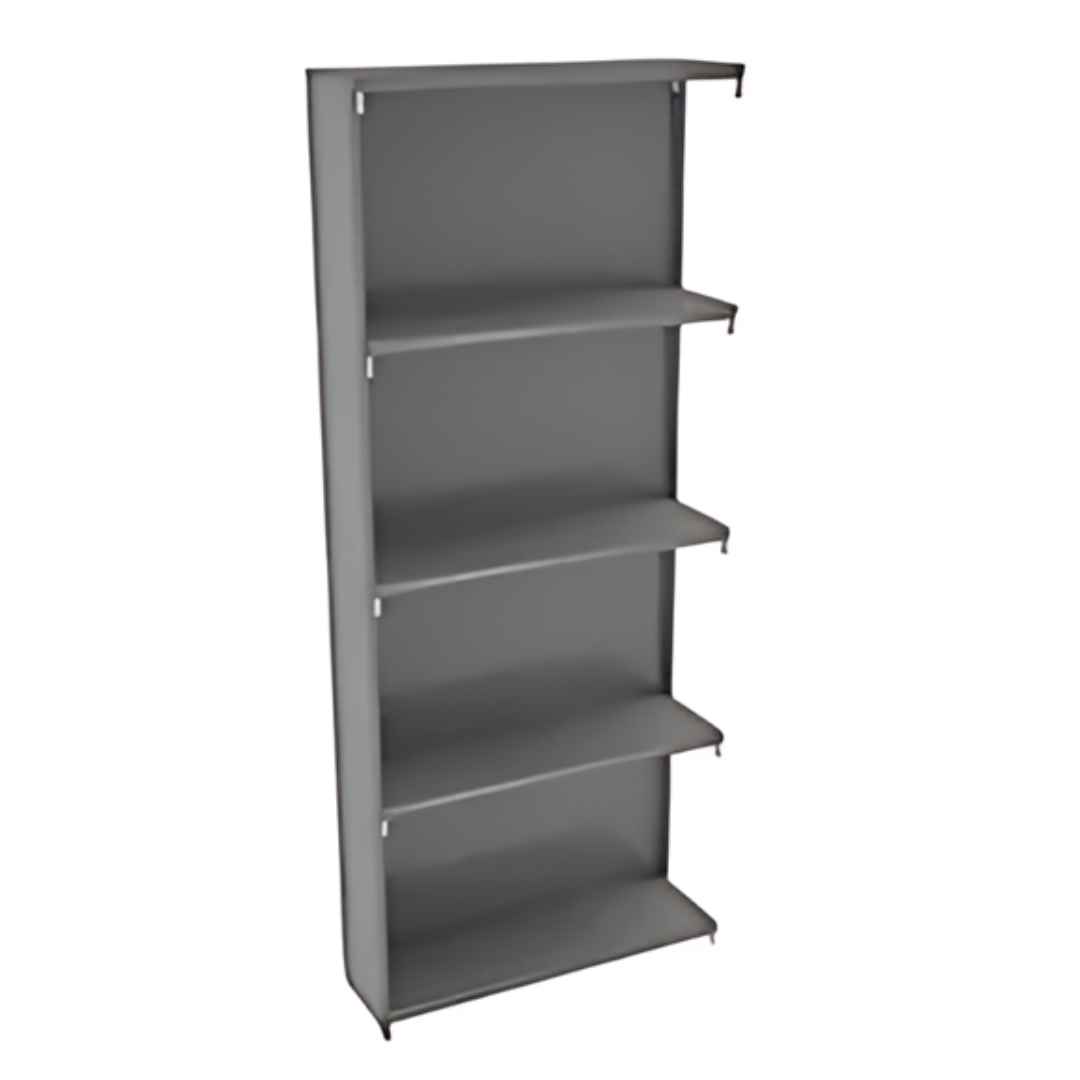 The Tennsco Q Line Shelving is showcased in a sleek, gray five-shelf bookcase against a white background. It features adjustable shelves and a minimalist design with smooth edges and sturdy build, perfect for both office and home use.