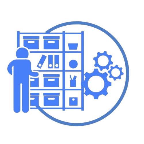Illustration of a person organizing items on a Penco Shelving unit with boxes, books, and vases. Gears are visible in the background, suggesting concepts of organization or automation.