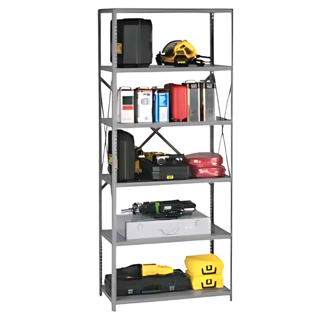 The Tennsco Q Line shelving unit features five metal shelves stocked with power tools, toolboxes, and assorted storage containers. Its sleek gray finish stands out against the white background, offering a neatly organized solution for all your storage needs.