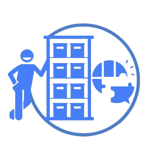 A blue stick figure leans against a Penco Shelving unit with several cubbyholes. Beside it, a globe is depicted with a wedge removed, resembling a pie chart. The elements are encircled by a thin blue line.