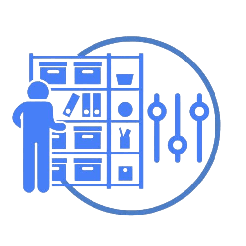 Icon depicting a person organizing Penco Shelving with various documents and boxes. On the right, three vertical sliders appear, all encased in a circle, symbolizing effective management or customization.